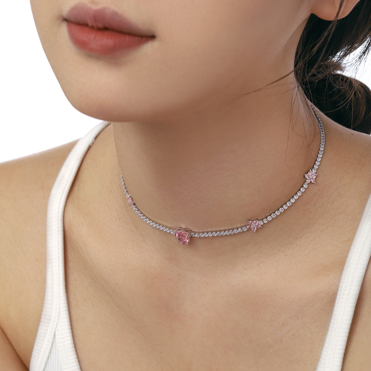 [Olivia JW]Dazzling Pink Heart Flower Necklace
