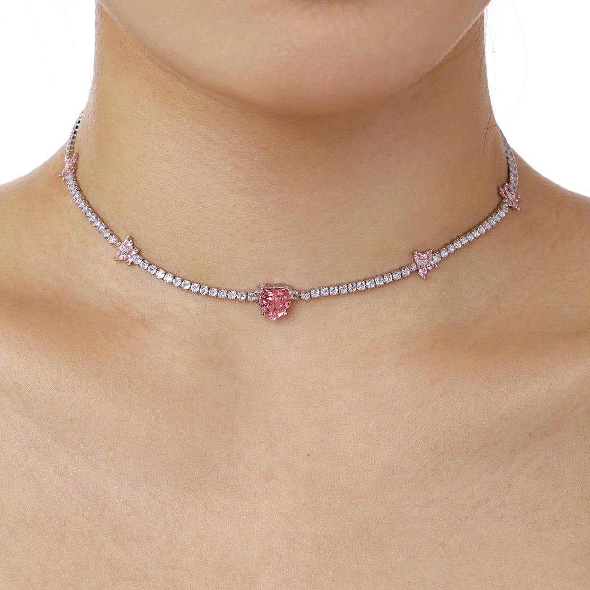 [Olivia JW]Dazzling Pink Heart Flower Necklace