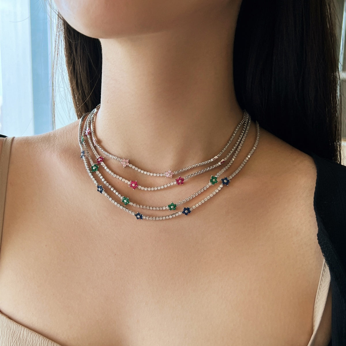 [Olivia JW]Luxurious Colorful Flower Tennis Necklace