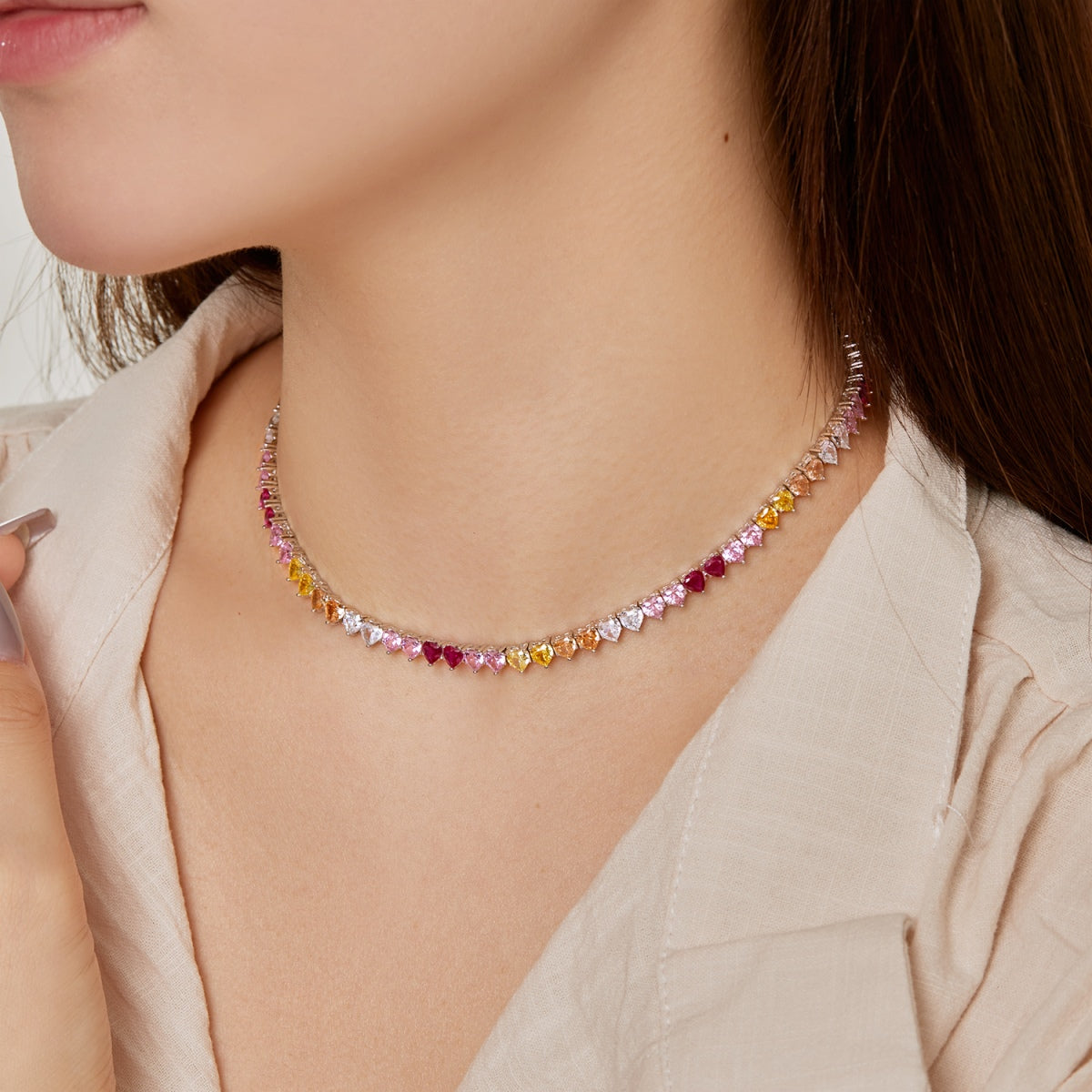 [Olivia JW]Sparkling Colorful Full Heart Tennis Necklace