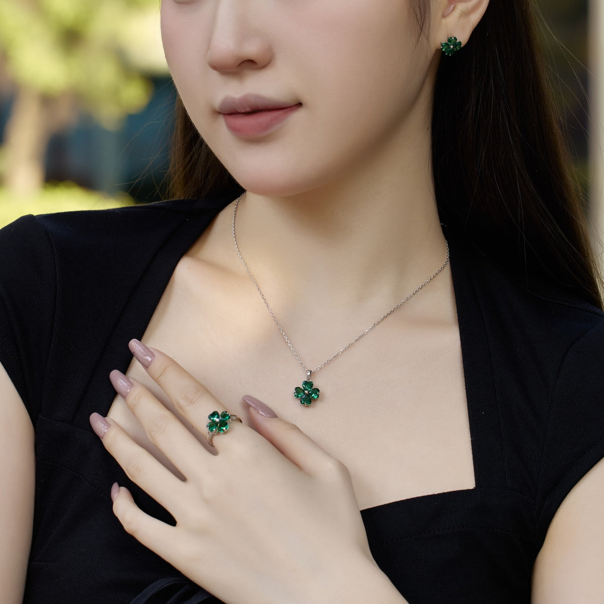 [Olivia JW]Heart-shaped Four-Leaf Clover Ball Ring