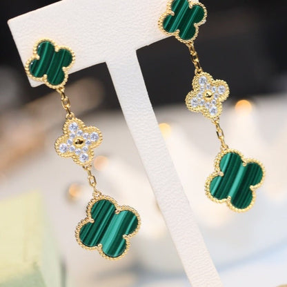 [Olivia JW]CLOVER EARRINGS GOLD MALACHITE DIAMOND 3 MOTIF