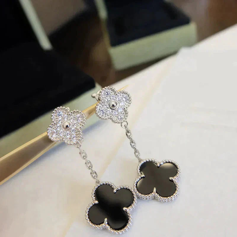[Olivia JW]CLOVER 2 MOTIFS  DIAMOND ONYX EARRINGS SILVER