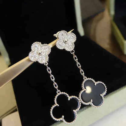 [Olivia JW]CLOVER 2 MOTIFS  DIAMOND ONYX EARRINGS SILVER