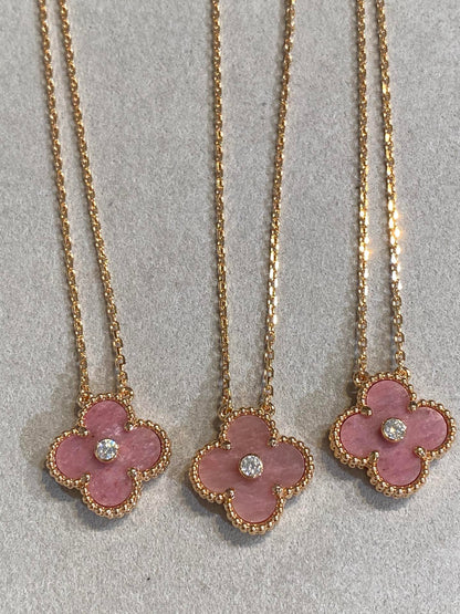 [Olivia JW]CLOVER 15MM DIAMOND RHODONITE NECKLACE