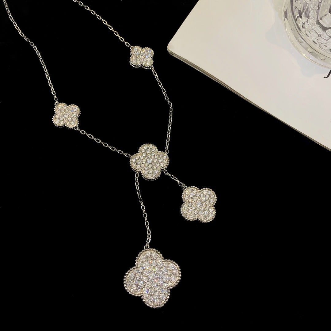 [Olivia JW]CLOVER 5 MOTIFS SILVER DIAMONDS NECKLACE