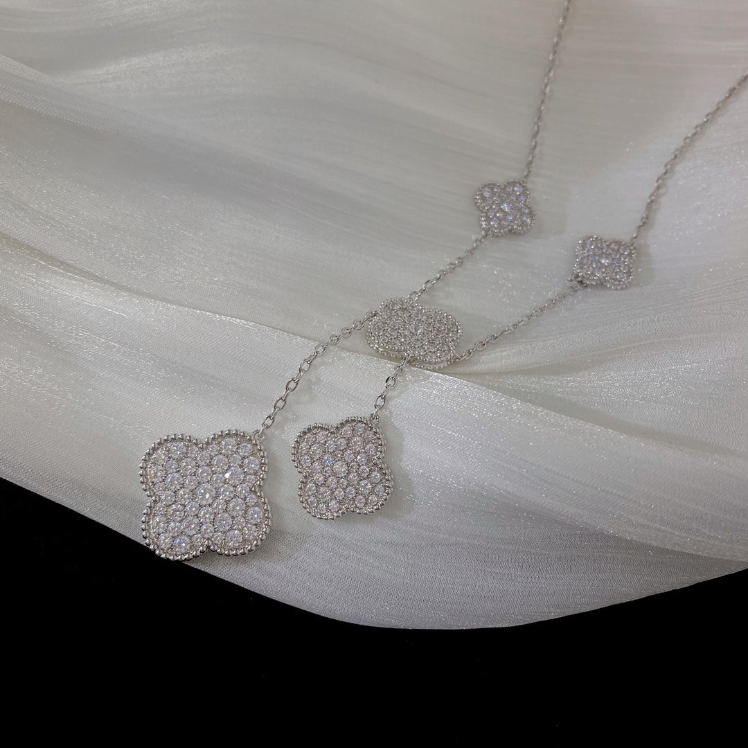 [Olivia JW]CLOVER 5 MOTIFS SILVER DIAMONDS NECKLACE