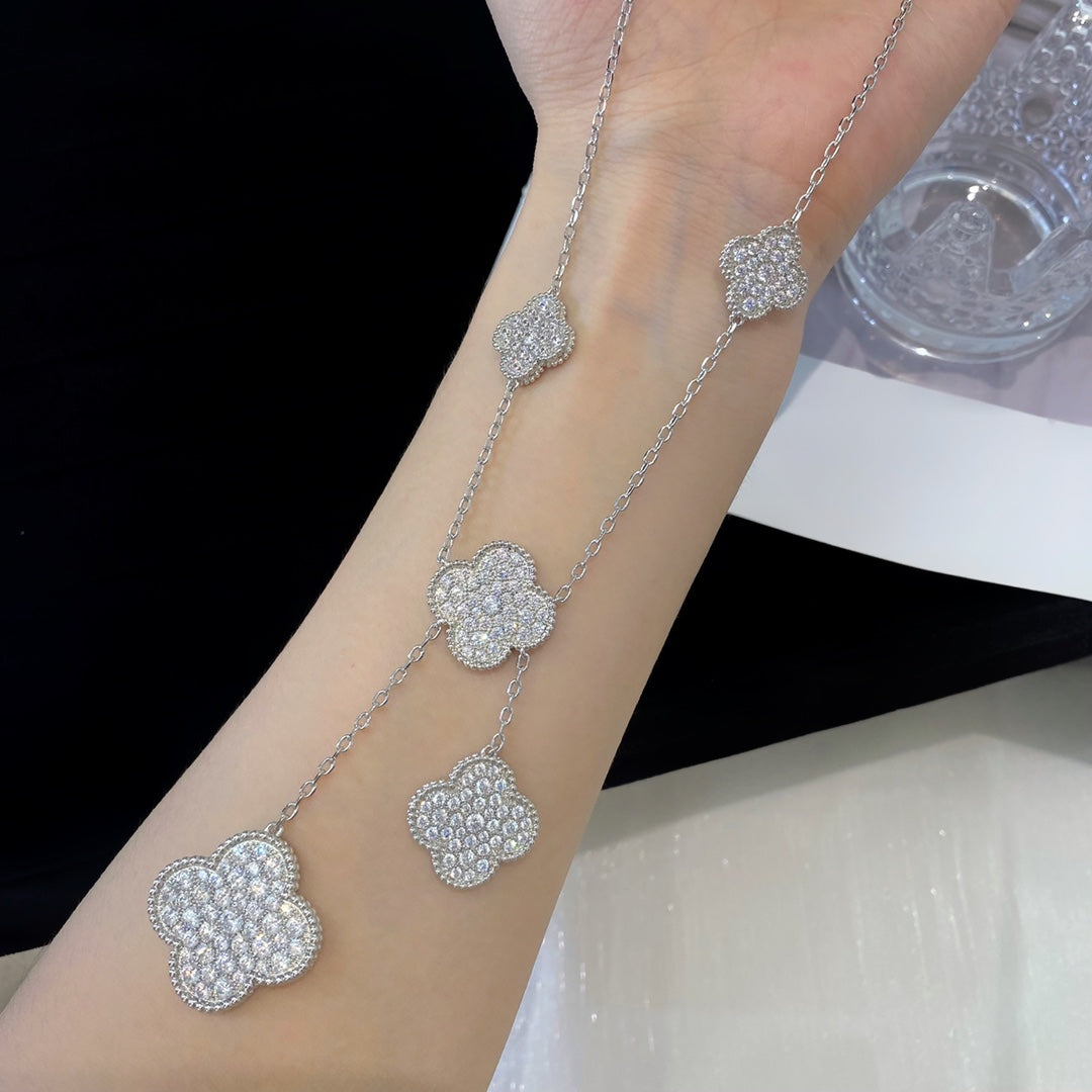 [Olivia JW]CLOVER 5 MOTIFS SILVER DIAMONDS NECKLACE