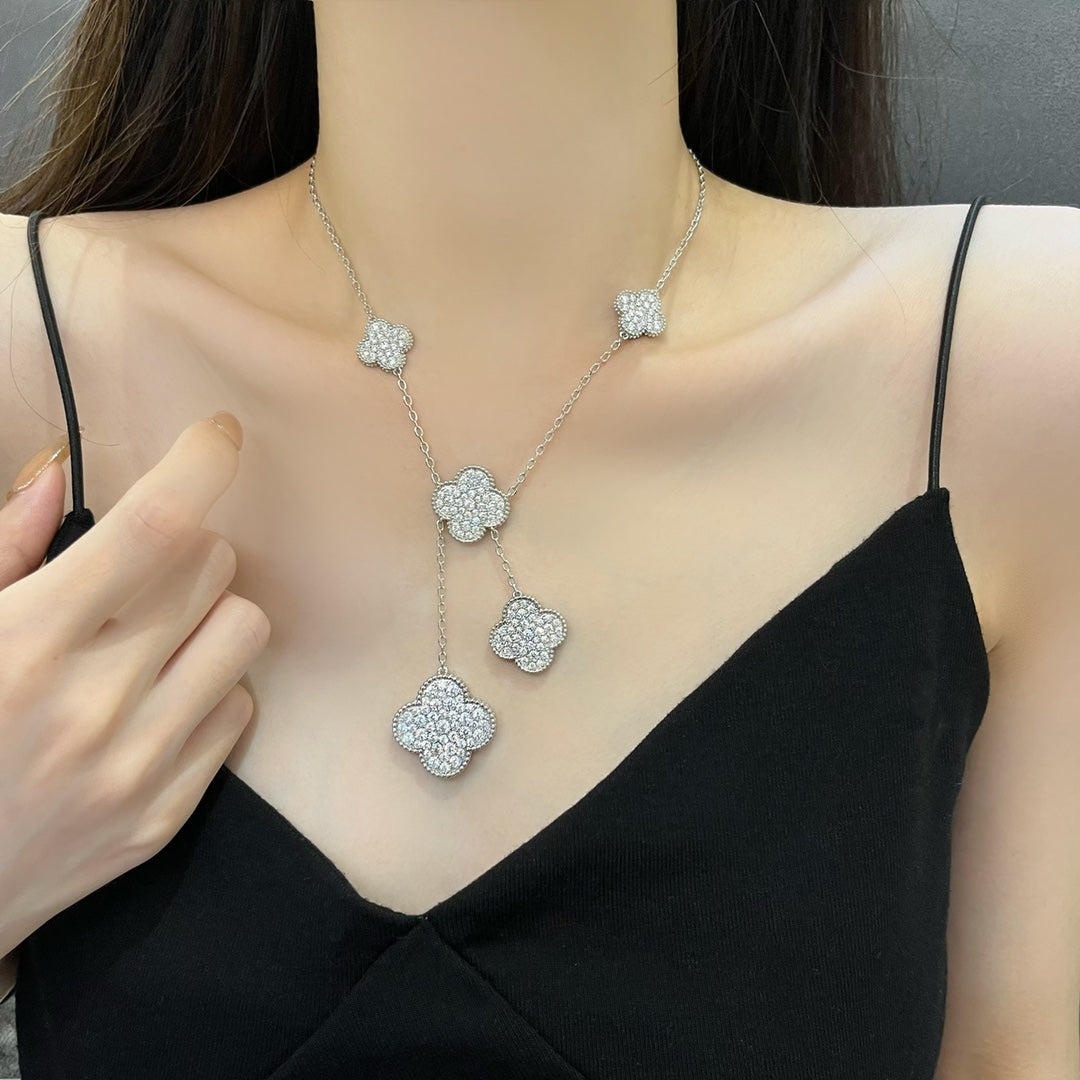 [Olivia JW]CLOVER 5 MOTIFS SILVER DIAMONDS NECKLACE