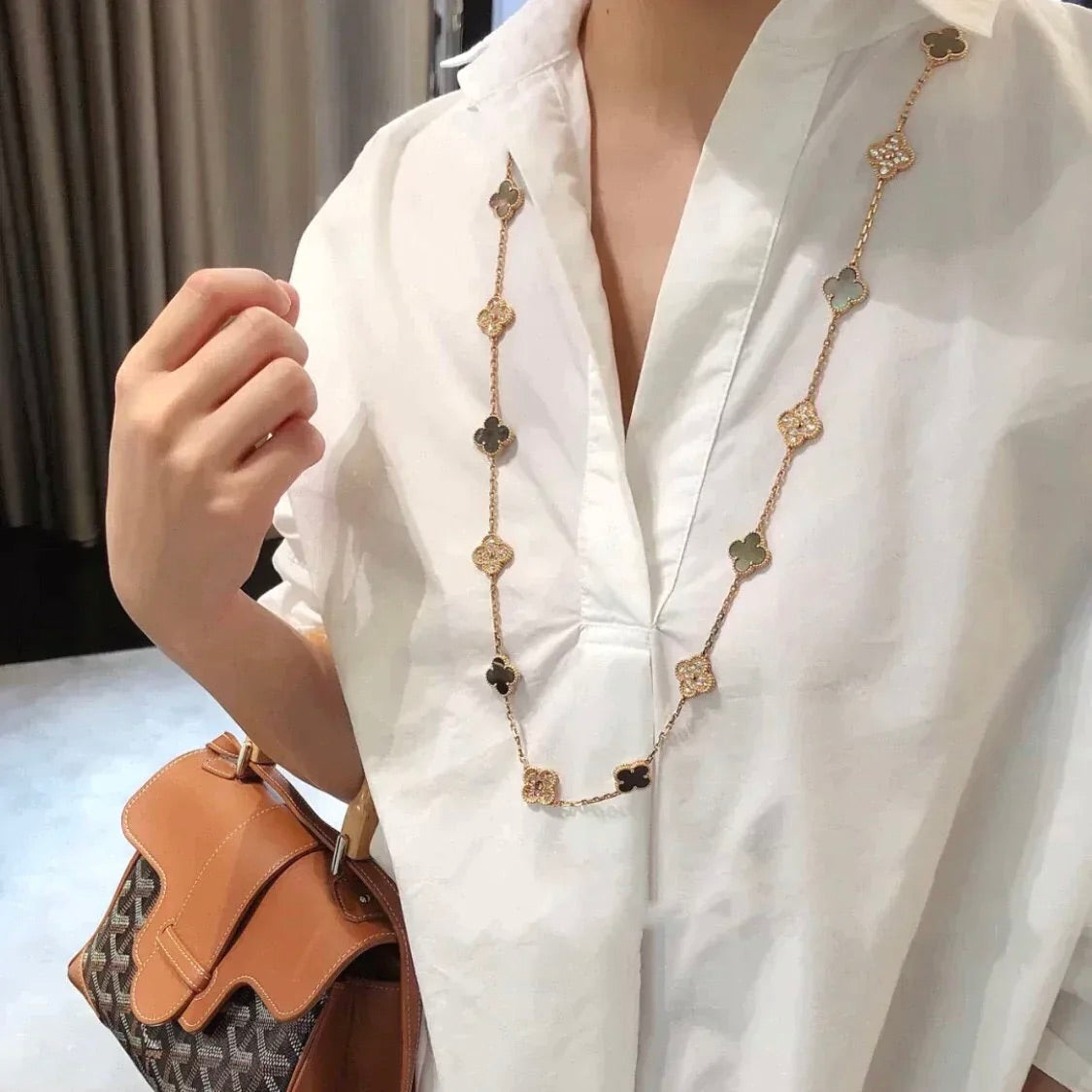 [Olivia JW]CLOVER 20 MOTIFS DARK MOP DIAMOND  NECKLACE