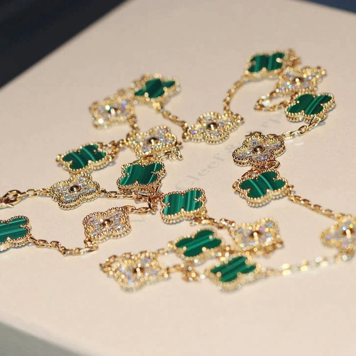 [Olivia JW]CLOVER 20 MOTIFS MALACHITE DIAMOND NECKLACE