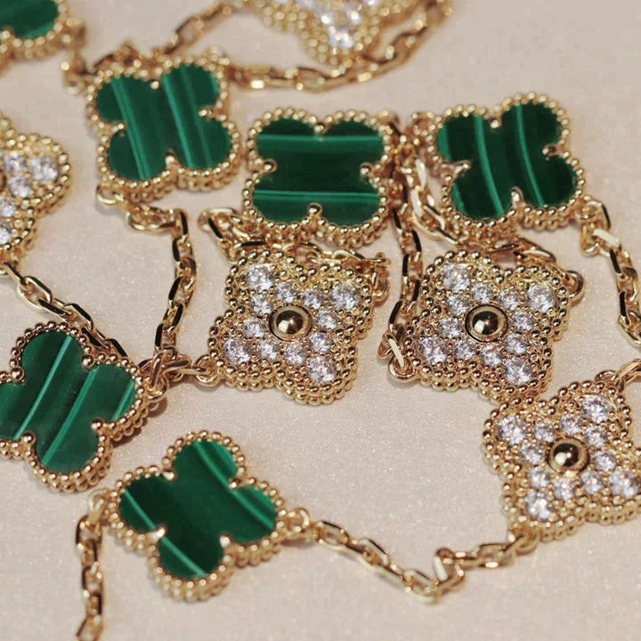 [Olivia JW]CLOVER 20 MOTIFS MALACHITE DIAMOND NECKLACE