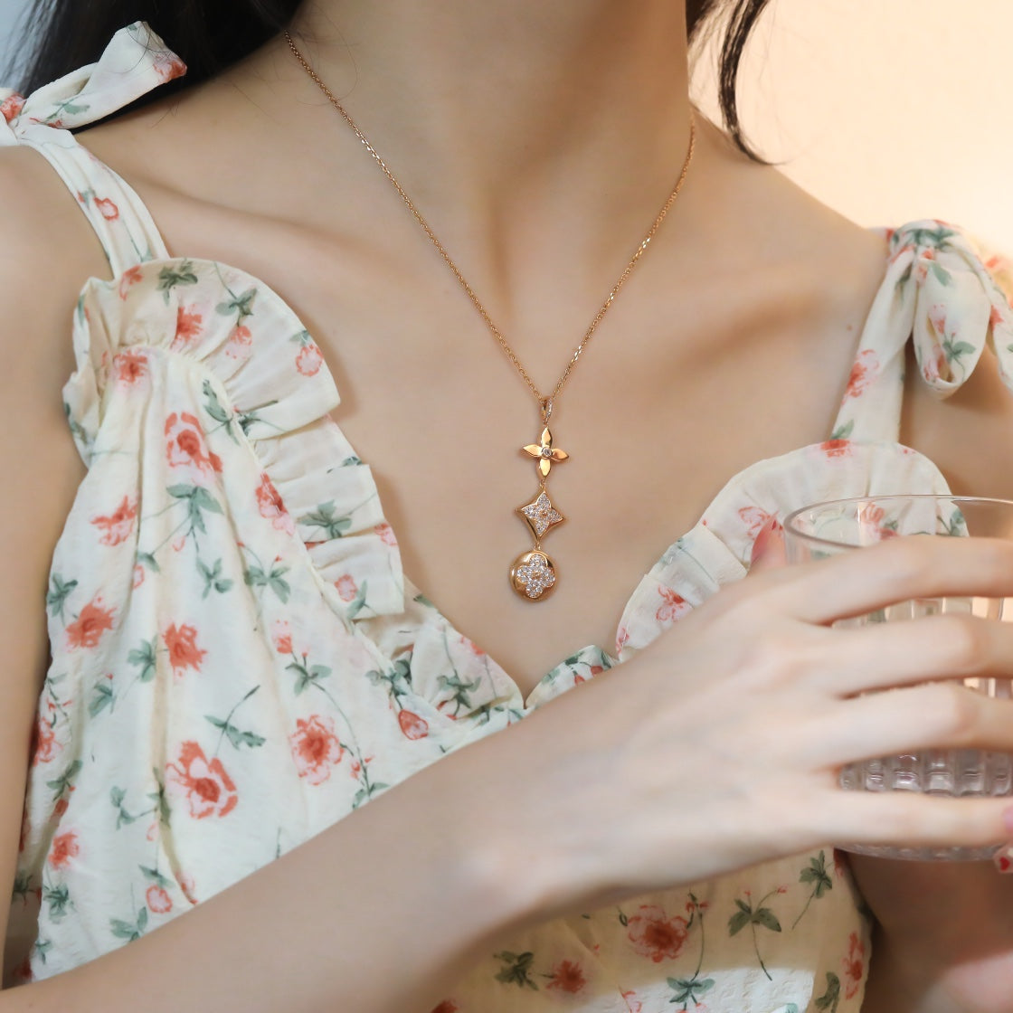 [Olivia JW]STAR AND SUN DIAMOND PINK GOLD NECKLACE