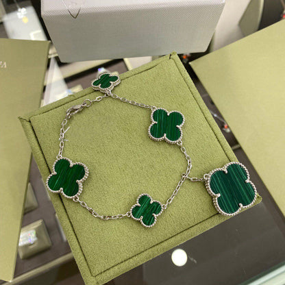 [Olivia JW]CLOVER 5 MOTIFS SIVLER MALACHITE BRACELET