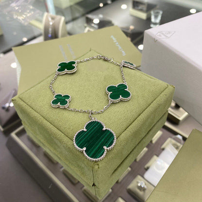 [Olivia JW]CLOVER 5 MOTIFS SIVLER MALACHITE BRACELET