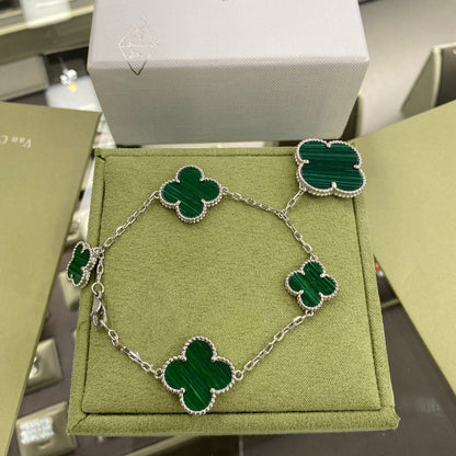 [Olivia JW]CLOVER 5 MOTIFS SIVLER MALACHITE BRACELET