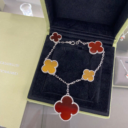 [Olivia JW]CLOVER 5 MOTIFS SIVLER CARNELIAN TIGER EYE BRACELET