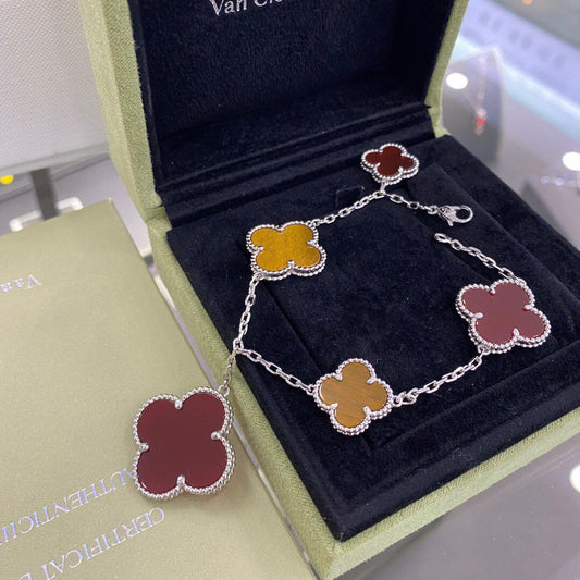 [Olivia JW]CLOVER 5 MOTIFS SIVLER CARNELIAN TIGER EYE BRACELET