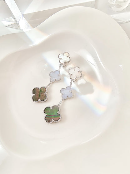 [Olivia JW]CLOVER 3 MOTIFS CHALCEDONY DARK MOP SILVER EARRINGS