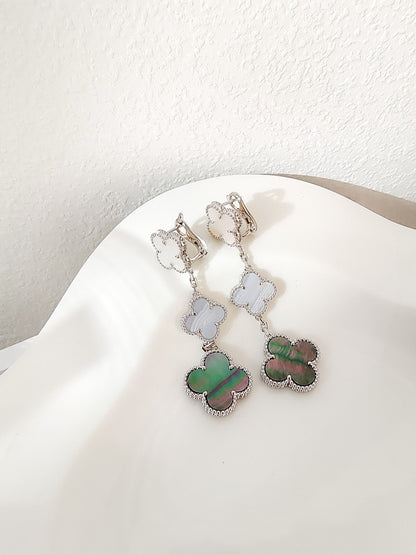 [Olivia JW]CLOVER 3 MOTIFS CHALCEDONY DARK MOP SILVER EARRINGS