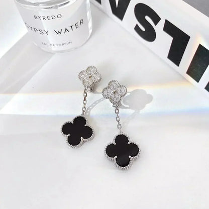 [Olivia JW]CLOVER 2 MOTIFS  DIAMOND ONYX EARRINGS SILVER