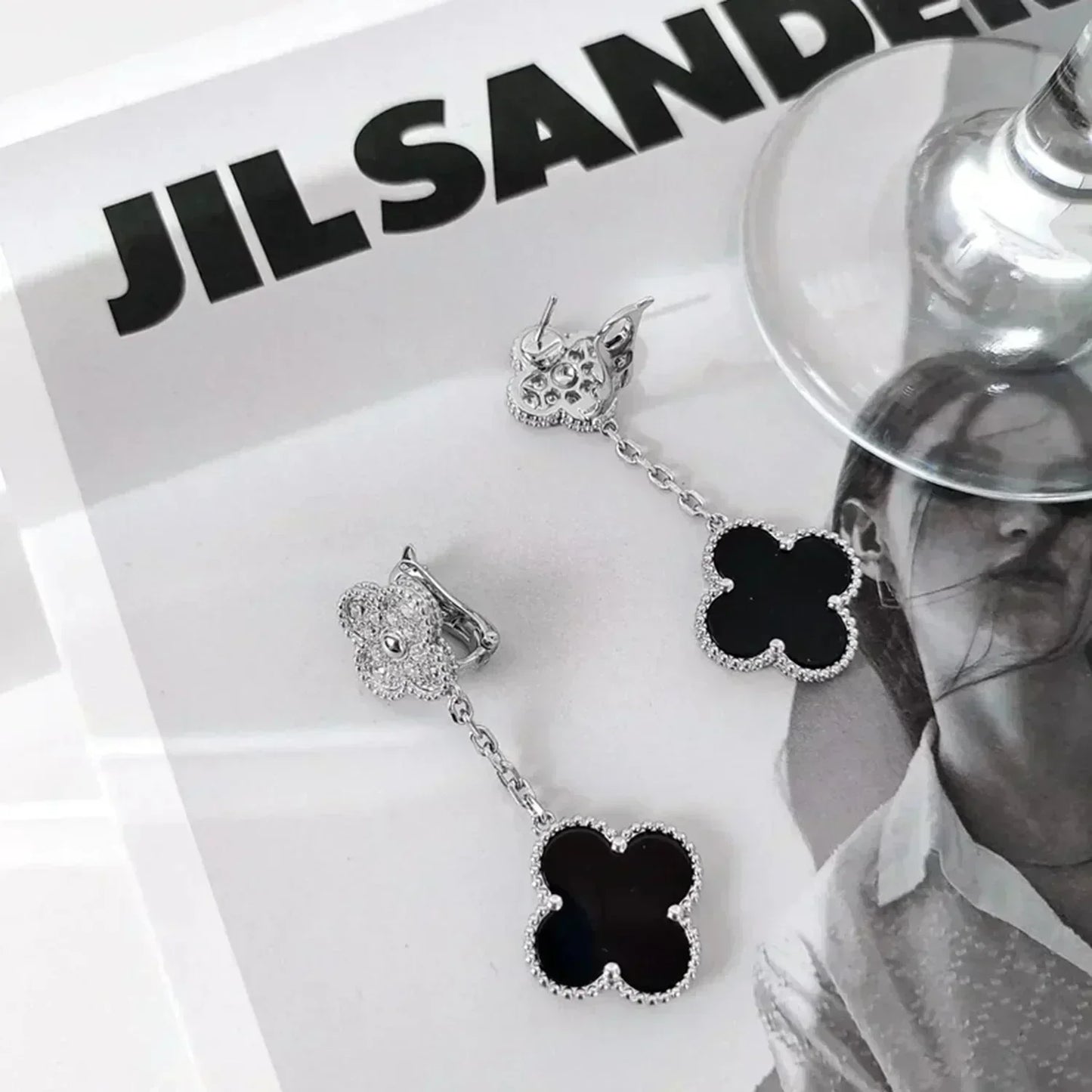 [Olivia JW]CLOVER 2 MOTIFS  DIAMOND ONYX EARRINGS SILVER