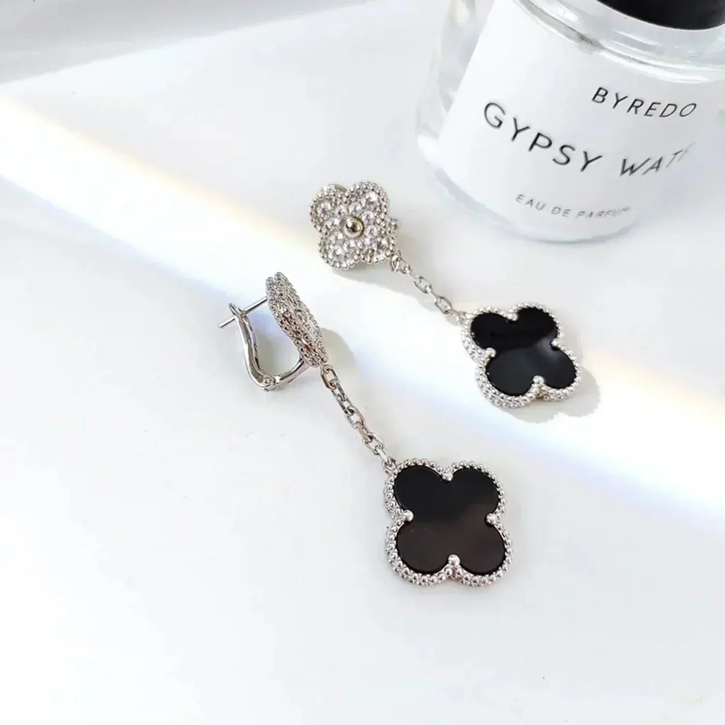 [Olivia JW]CLOVER 2 MOTIFS  DIAMOND ONYX EARRINGS SILVER