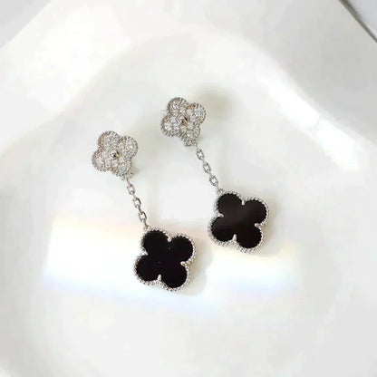 [Olivia JW]CLOVER 2 MOTIFS  DIAMOND ONYX EARRINGS SILVER