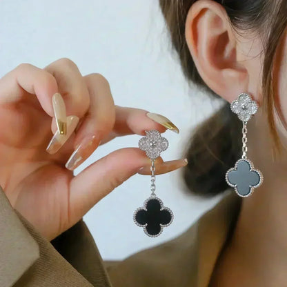 [Olivia JW]CLOVER 2 MOTIFS  DIAMOND ONYX EARRINGS SILVER