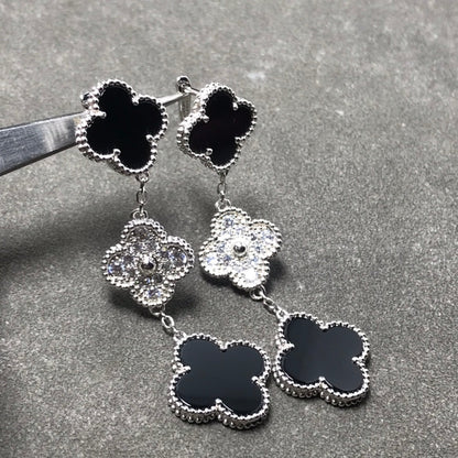 [Olivia JW]CLOVER 3 MOTIF DIAMOND ONYX SILVER EARRINGS