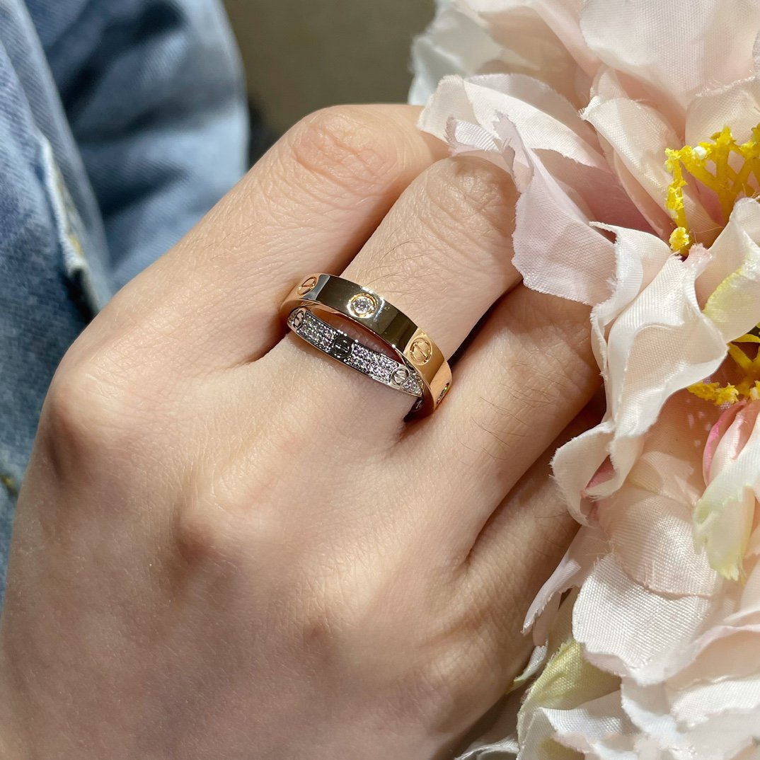 [Olivia JW]LOVE PINK GOLD SILVER DIAMOND DOUBLE RING