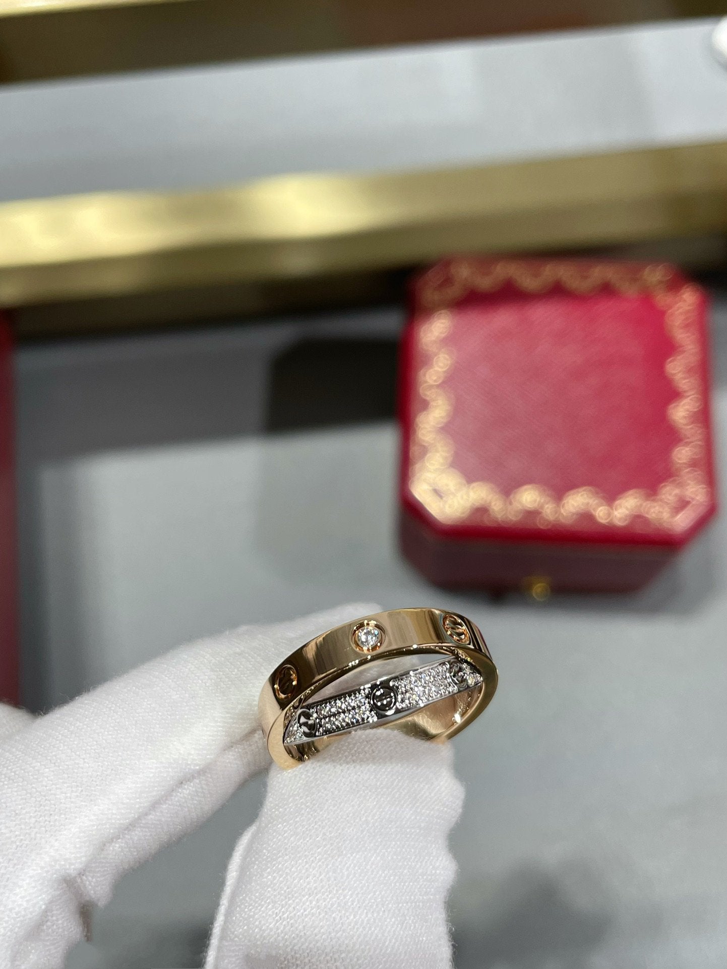 [Olivia JW]LOVE PINK GOLD SILVER DIAMOND DOUBLE RING