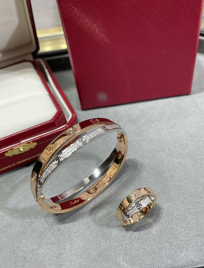[Olivia JW]LOVE PINK GOLD SILVER DIAMOND DOUBLE RING