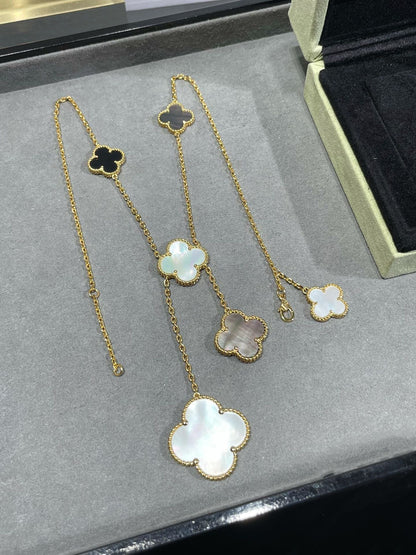 [Olivia JW]CLOVER 6 MOTIF MOP ONYX GOLD NECKLACE