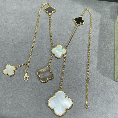 [Olivia JW]CLOVER 6 MOTIF MOP ONYX GOLD NECKLACE