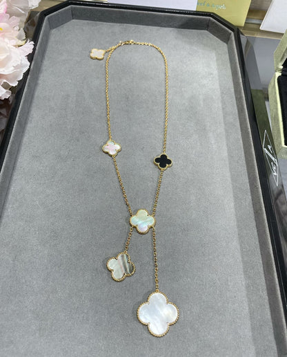 [Olivia JW]CLOVER 6 MOTIF MOP ONYX GOLD NECKLACE