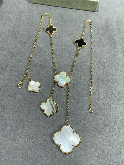 [Olivia JW]CLOVER 6 MOTIF MOP ONYX GOLD NECKLACE