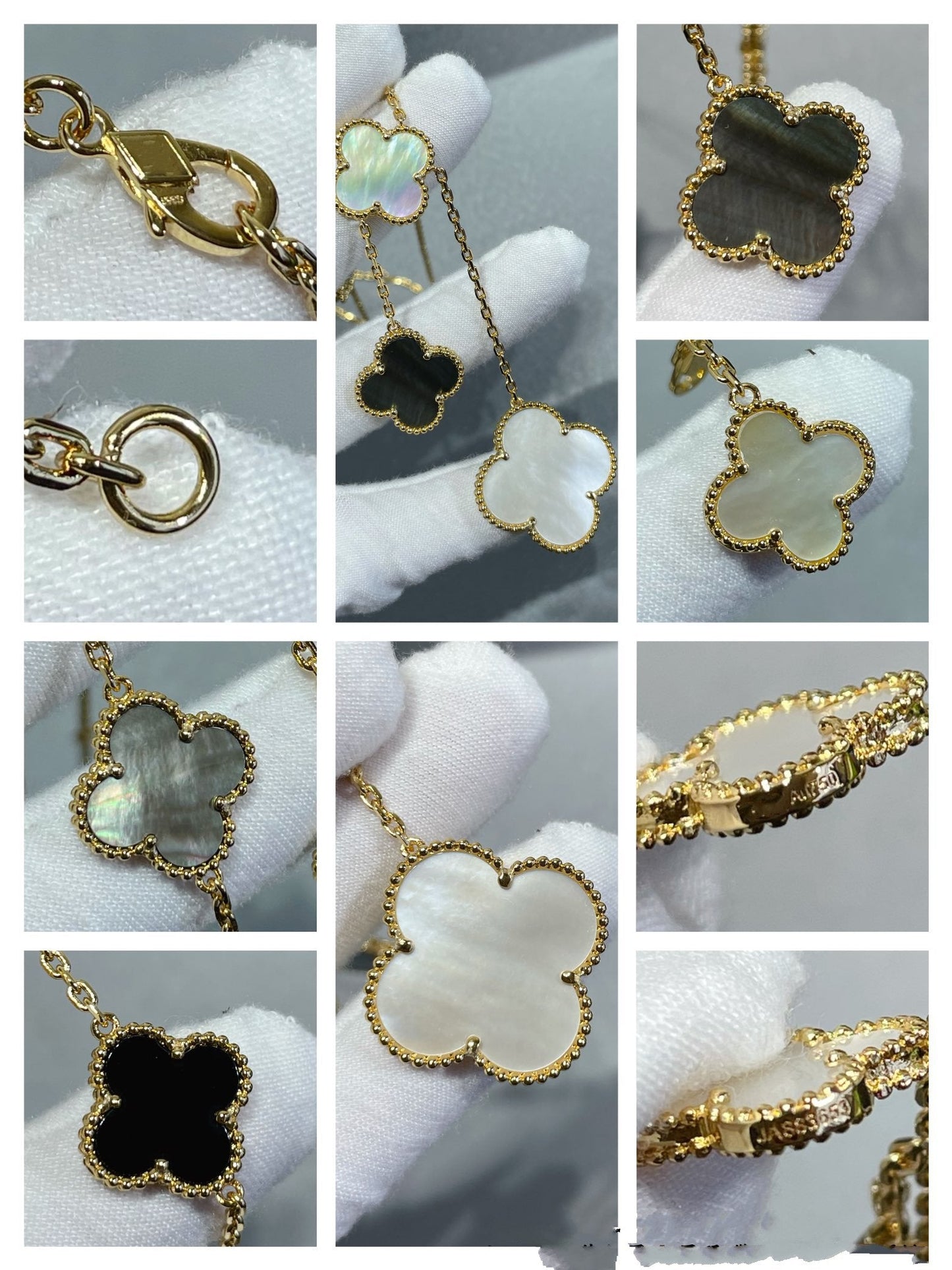 [Olivia JW]CLOVER 6 MOTIF MOP ONYX GOLD NECKLACE