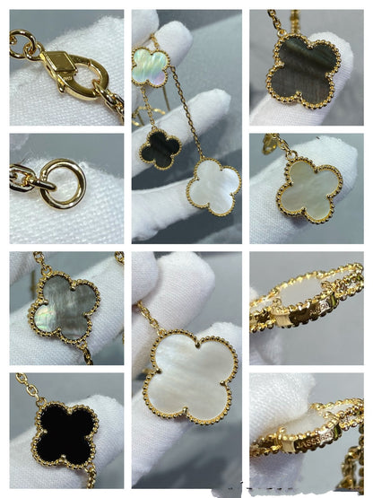 [Olivia JW]CLOVER 6 MOTIF MOP ONYX GOLD NECKLACE
