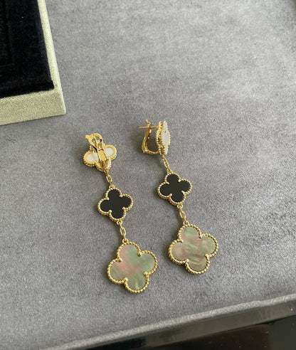 [Olivia JW]CLOVER 3 MOTIF MOP ONYX DARK MOP PINK GOLD EARRINGS