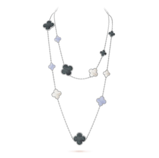 [Olivia JW]CLOVER 16 MOTIF CHALCEDONY MOP SILVER NECKLACE