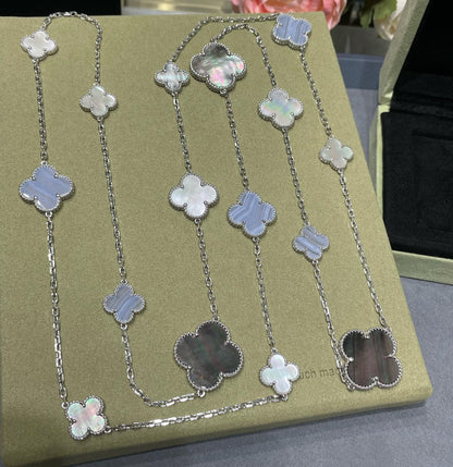 [Olivia JW]CLOVER 16 MOTIF CHALCEDONY MOP SILVER NECKLACE