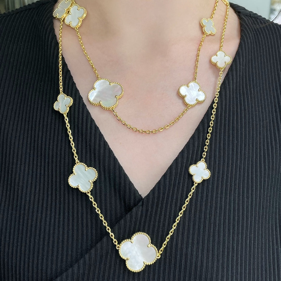 [Olivia JW]CLOVER 16 MOTIF WHITE MOP GOLD NECKLACE