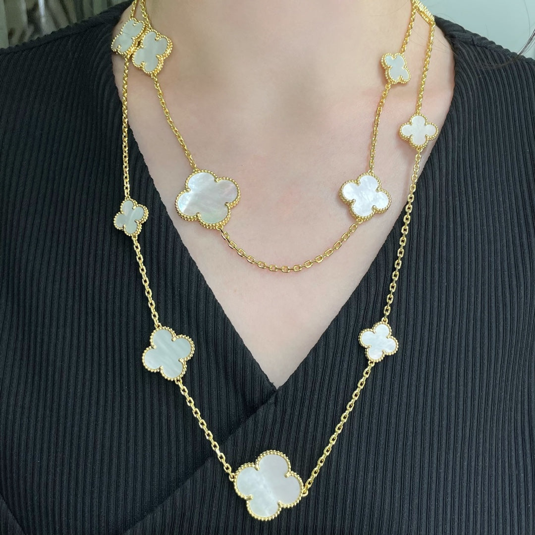 [Olivia JW]CLOVER 16 MOTIF WHITE MOP GOLD NECKLACE