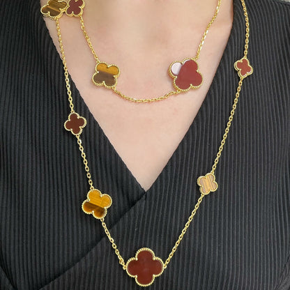 [Olivia JW]CLOVER 16 MOTIF CARNELIAN TIGER EYE ROSE GOLD NECKLACE