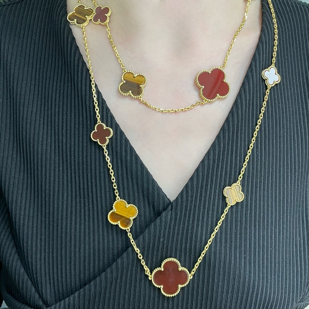 [Olivia JW]CLOVER 16 MOTIF CARNELIAN TIGER EYE ROSE GOLD NECKLACE