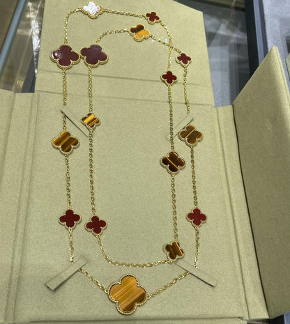 [Olivia JW]CLOVER 16 MOTIF CARNELIAN TIGER EYE ROSE GOLD NECKLACE