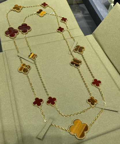 [Olivia JW]CLOVER 16 MOTIF CARNELIAN TIGER EYE ROSE GOLD NECKLACE