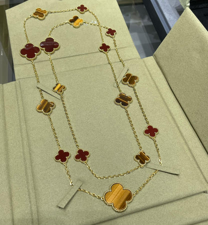 [Olivia JW]CLOVER 16 MOTIF CARNELIAN TIGER EYE ROSE GOLD NECKLACE