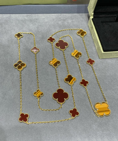 [Olivia JW]CLOVER 16 MOTIF CARNELIAN TIGER EYE ROSE GOLD NECKLACE